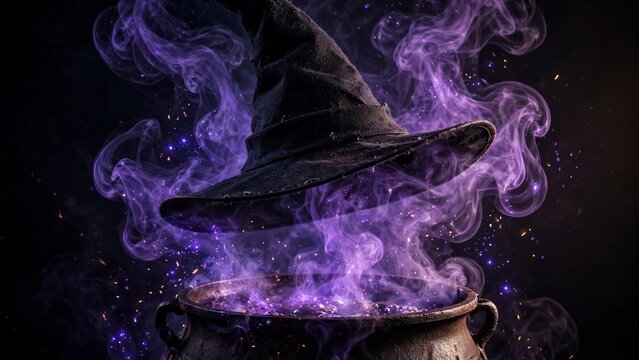 Pointed witch hat floating above a steaming cauldron with swirling purple smoke on dark background