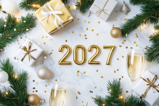 2027 new year celebration with champagne, gifts, and festive decor