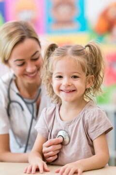 Smiling girl enjoying medical exam with pediatrician, vertical