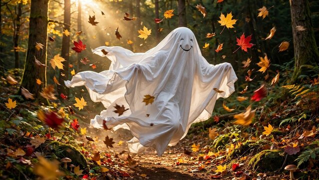 Whimsical smiling sheet ghost gliding along a sunlit autumn forest path with swirling golden leaves