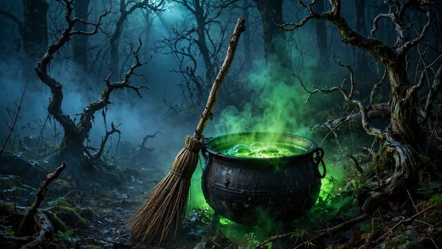 Broomstick and glowing green cauldron in misty dark woods with twisted trees at night