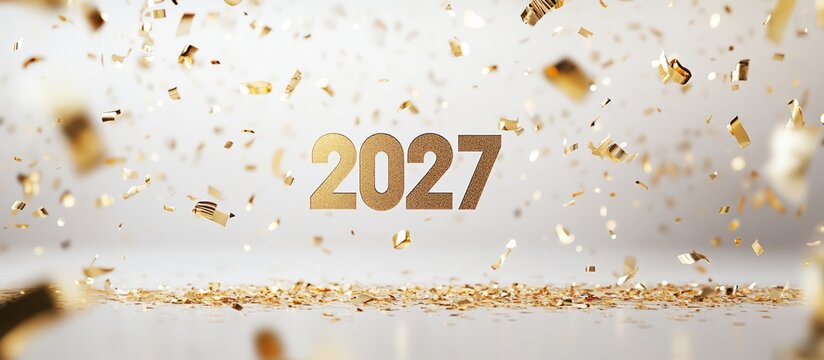 Golden 2027 year numbers with falling confetti celebration
