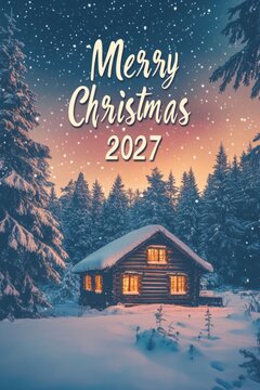 Merry christmas 2027 greeting card with snow cabin, vertical