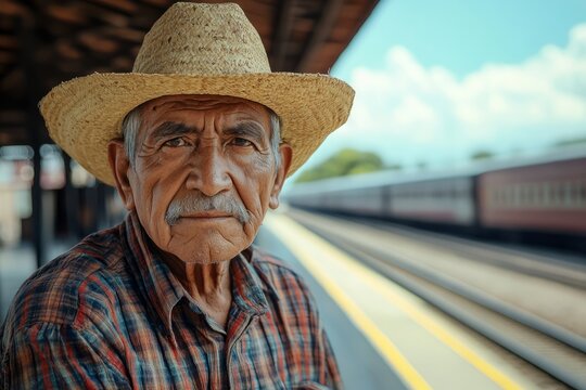 Elderly man waiting on train station platform