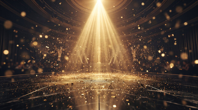 Golden spotlight beam on a dark stage with glowing bokeh glitter particles perfect for dramatic performance and luxury entertainment backgrounds