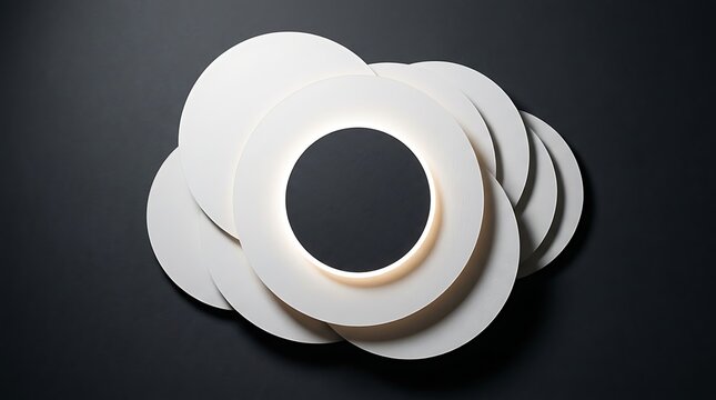 Overlapping white circular discs with a dark central eclipse motif