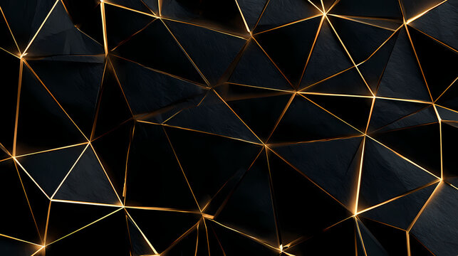 Abstract Black Low Poly Polygon Background with Glowing Gold Lines