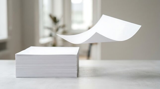 Single blank sheet of white paper floating above a stack on a table