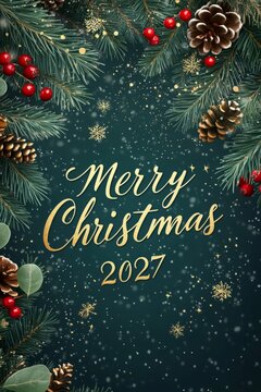 Merry christmas 2027 greeting with pine frame, vertical