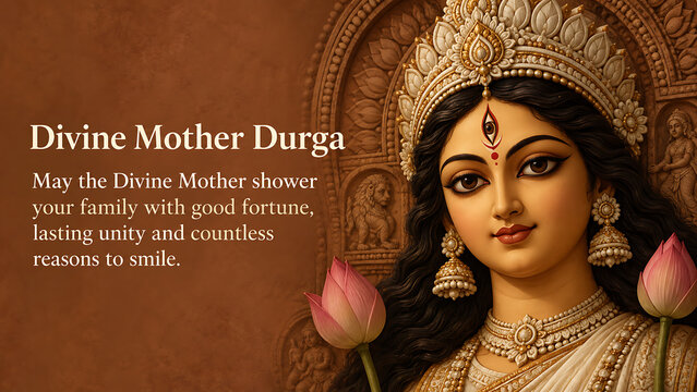 Divine goddess durga portrait with lotus flowers ornate crown carved temple background celebrating durga puja and navratri spiritual family blessings and prosperity