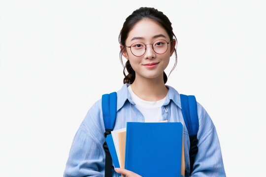 Smiling asian student wearing glasses carrying books and backpack