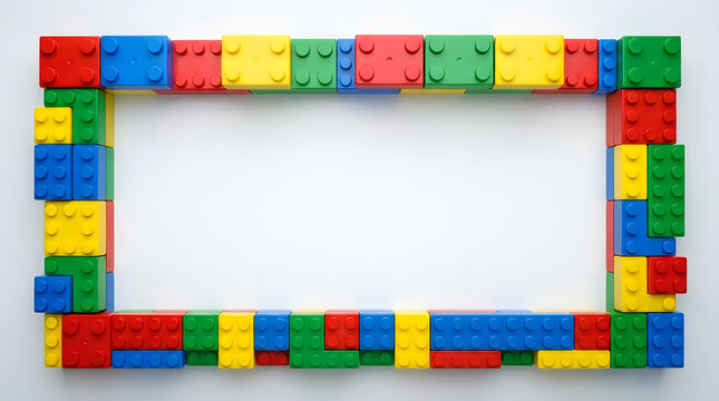 Colorful plastic toy brick frame on a plain surface
