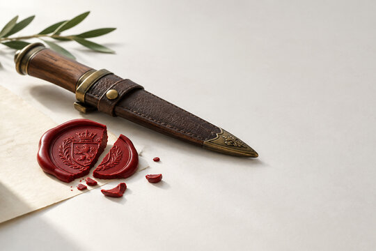 Broken wax seal with crest stamp and dagger, security and authenticity concept