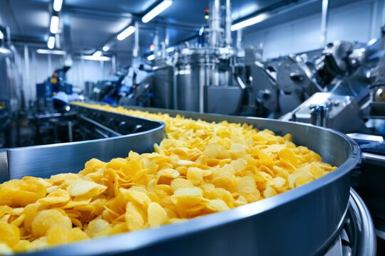 Potato chips moving along conveyor belt in snack factory