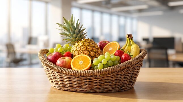 A wicker basket filled with fresh assorted tropical fruit sits on an office desk.