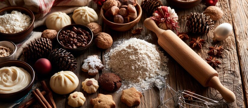 Baking holiday cookies with festive ingredients on wooden table