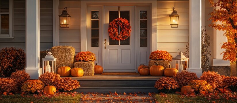 House front porch decorating with pumpkins and fall foliage