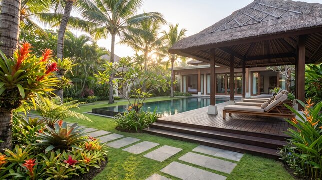 Tropical villa pool terrace surrounded by lush exotic gardens at sunrise for luxury travel.