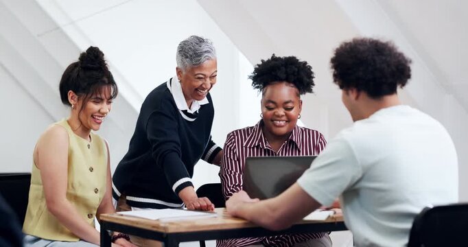 Teacher, students and high five in university with laptop, education and happy with assignment grade. Lecturer, people and smile in college class with computer, celebration or well done for pass mark
