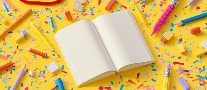 Blank notebook surrounded by pencils, erasers, school supplies on yellow background