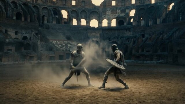 Ancient warriors engage in intense sword battle within stone arena, striking shields amid swirling sandy dust as determined gladiators showcase historic combat skills in ancient Colosseum setting.