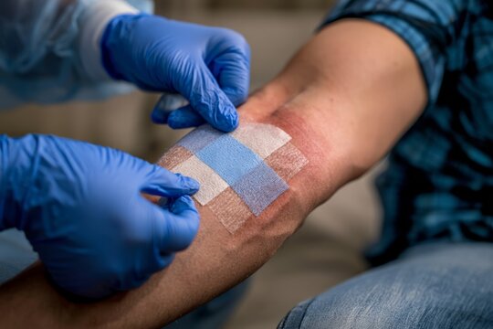 Healthcare professional applying medical patch on arm