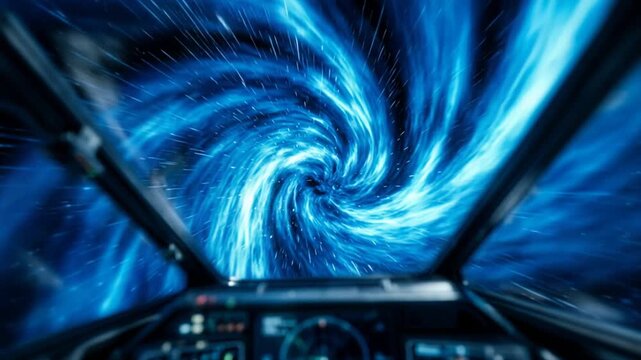 Starship cockpit interior frames spectacular flight into swirling blue interdimensional portal. Powerful cosmic energy tunnel pulses with bright neon light, revealing high speed deep space.