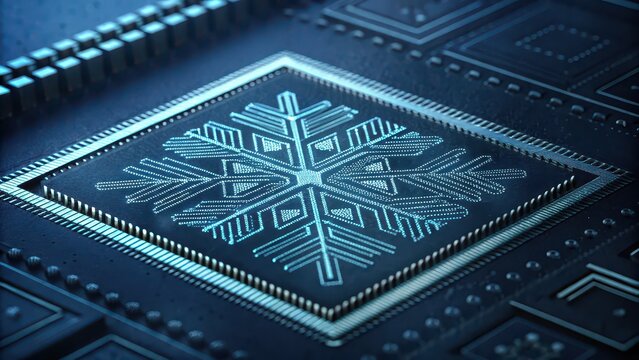 Etched EUV pattern on silicon forming a glowing snowflake in macro view