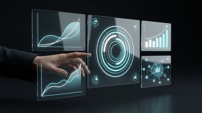 Businessman touching futuristic digital interface with analytics and AI