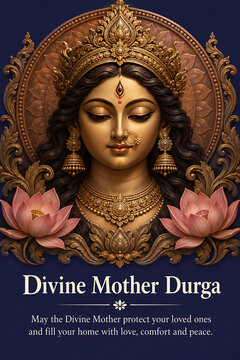 Elegant goddess durga portrait with golden crown lotus flowers and royal blue background celebrating durga puja navratri spirituality devotion beauty and blessings