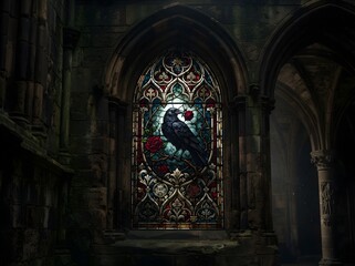 Obraz premium Gothic Stained Glass Window with Raven and Red Rose Dark Romance