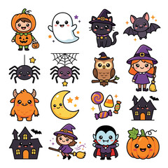 Obraz premium Cute Halloween Characters Set Isolated Transparent Background Vector Illustration
