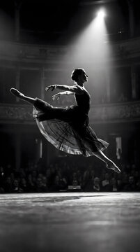 Ballet Dancer Performing a Grand Jet&eacute; on Stage