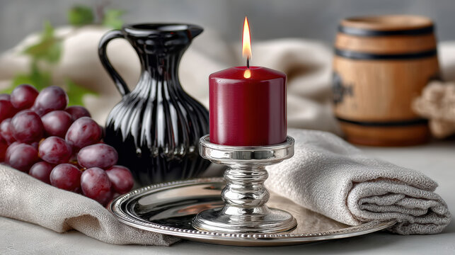 Red pillar candle burning on silver tray next to grapes black pitcher and folded cloth on tabletop indoor still life arrangement with warm glow and reflective metal accents