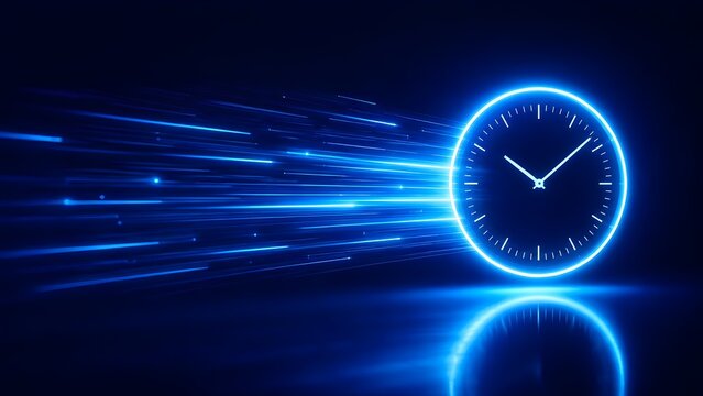 Glowing blue analog clock with motion lines representing fast moving time and light speed concept