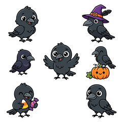 Fototapeta premium Cute Halloween Crows Collection Isolated Transparent Background Vector Art
