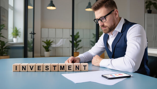 Businessman seated at a modern office desk beside wooden letter blocks spelling INVESTMENT, with financial charts on a smartphone and papers arranged in front of him