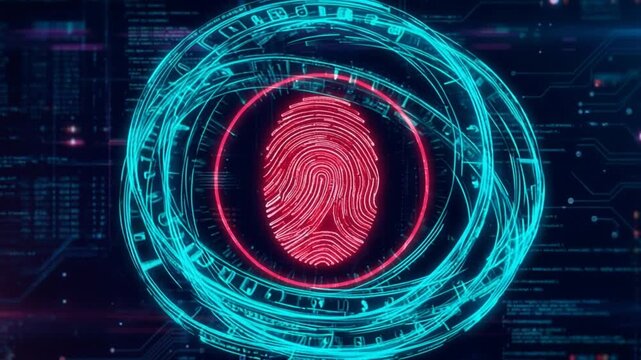 Futuristic biometric fingerprint scan animates alongside glowing cyber elements. Complex cryptography system displays interactive user authentication data over circuit grid background.