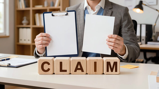 CLAIM wooden letter blocks anchor a professional man holding a clipboard and blank document, presenting paperwork for a formal business request