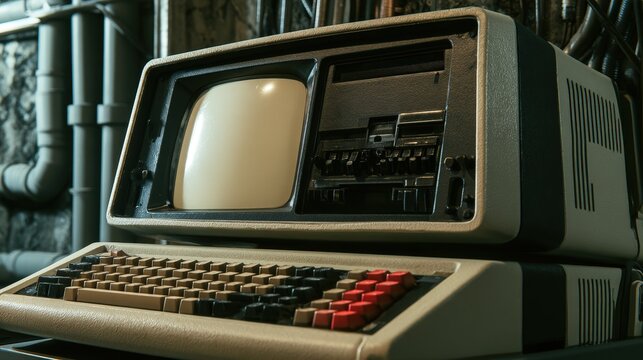 An antique retro computer terminal with a CRT screen rests in a moody industrial setting. Vintage technology concept for cyberpunk and sci-fi themes.