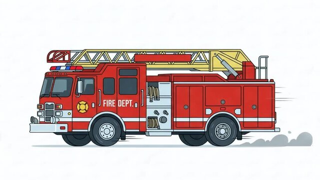 Red firetruck drives quickly across white background in animated cartoon style. Emergency vehicle displays ladders, spinning wheels and flashing warning lights during urgent rescue response.