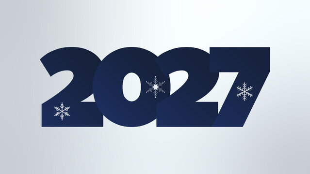 2027 Happy New Year. Blue gardient symbol with snowflakes. Illustration for decoration, celebration, congratulation, web design, greeting, winter holiday, event, party