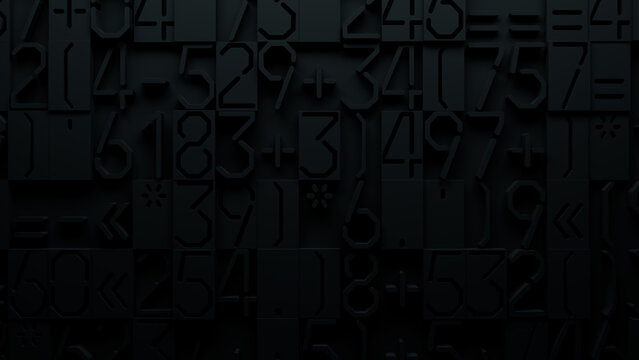 Close-Up of Textured Surface with Varied 3D Black and Gray Numerals and Symbols for Software Development, Digital Design, and User Interface Applications
