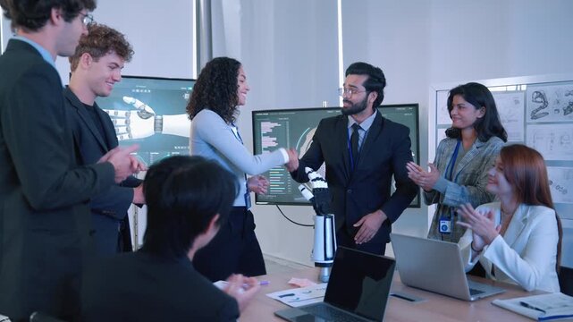 Multicultural engineering and technology professionals celebrating a successful robotics project around a humanoid robot in a modern research laboratory, highlighting collaboration, innovation, and te