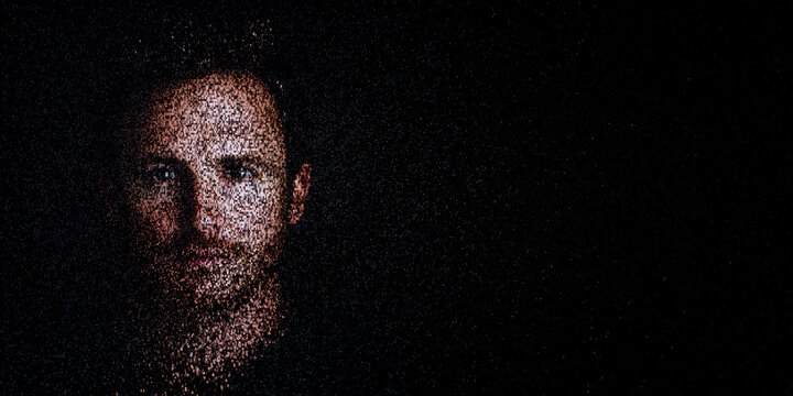 Digital ID Portrait of Man with Face made up of Computer code. Digital certificates Concept with copy-space.