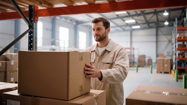 Warehouse worker handling a large cardboard box among stacked parcels and industrial shelving for inventory management, storage and logistics operations