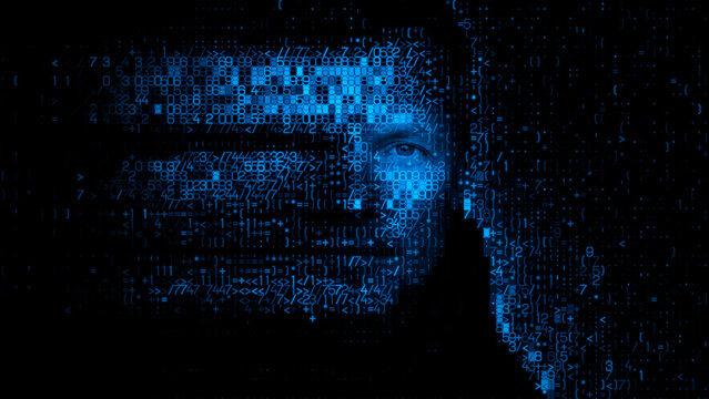 Human Face formed from Encrypted Code, representing Facial Recognition Login Concept.