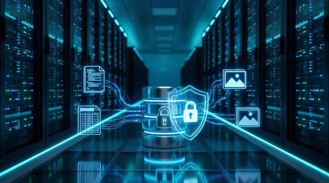 Glowing futuristic server rack surrounded by digital database icons, shields, and secure encryption symbols in neon blue light