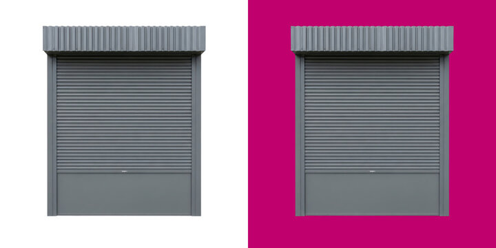 Two closed grey metal roller shutter doors for commercial building exterior design