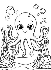 Obraz premium Cute cartoon octopus underwater with seaweed and bubbles coloring page for kids